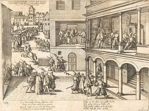 Gravure d’époque de Frans Hogenberg représentant l’assassinat du duc de Guise au château de Blois.