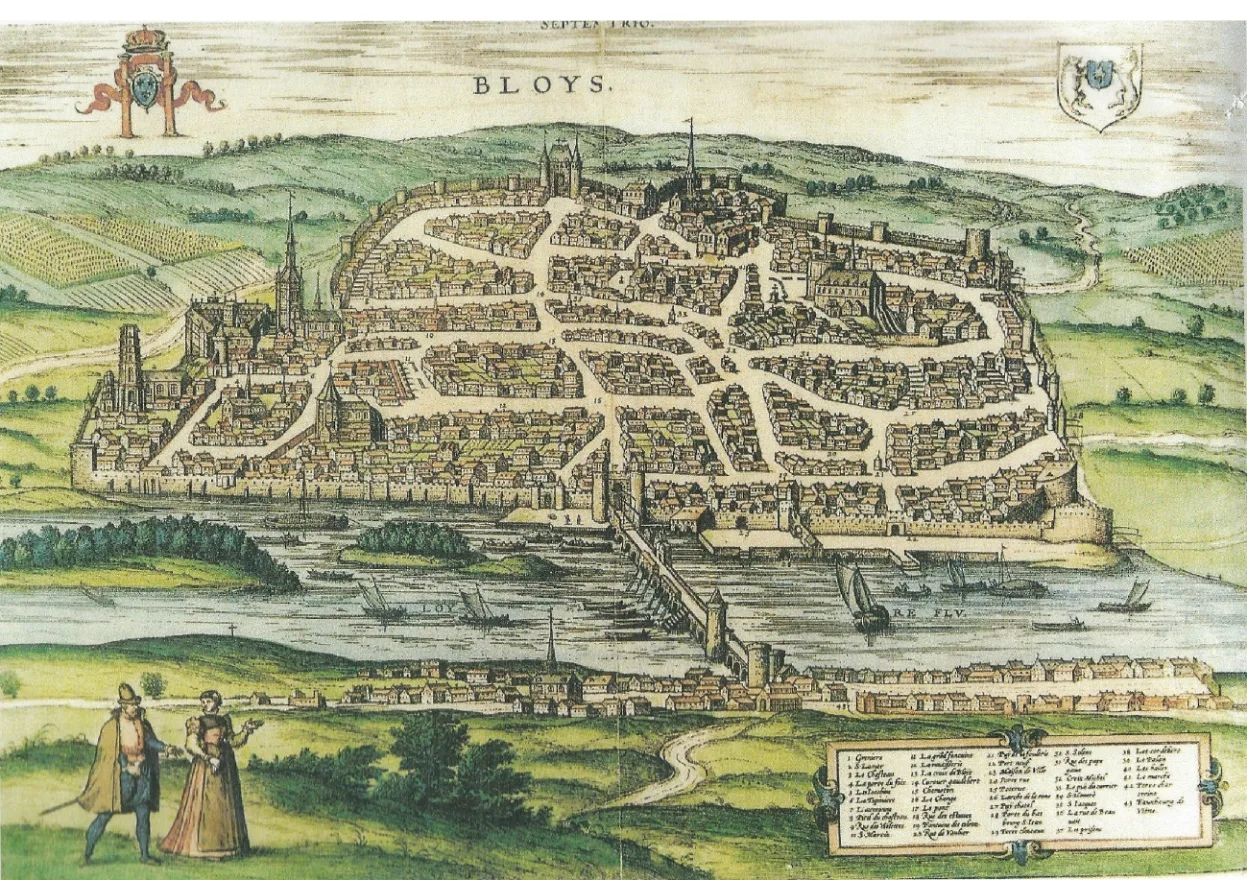 Vue cavalière de la ville et du château de Blois au bord de la Loire, gravure de 1575.