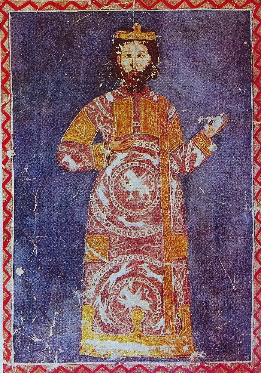Miniature byzantine médiévale représentant Alexis V Doukas, dit Mourtzouphle, l’usurpateur qui a fait étrangler Alexis IV.