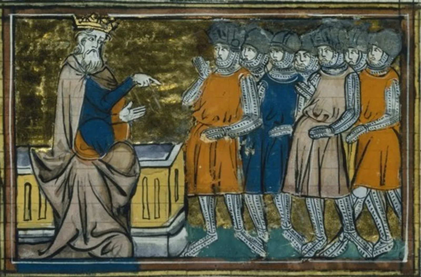 Enluminure médiévale montrant l’empereur Baudouin, couronné et assis sur son trône, recevant l’hommage d’un groupe de chevaliers en armure debout devant lui.