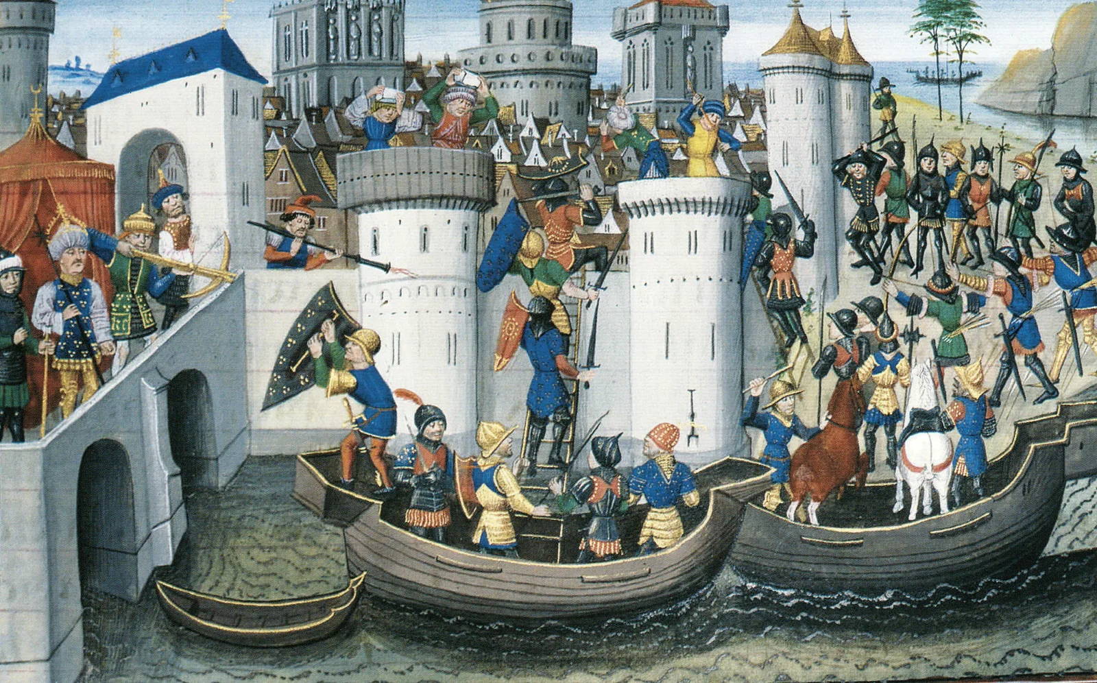 Enluminure médiévale de la prise de Constantinople par les croisés en 1204 : assaut des tours depuis des barques au pied des remparts.