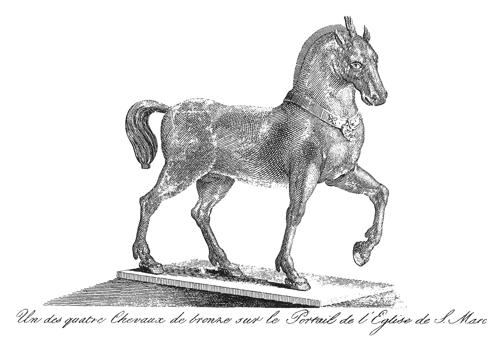 Gravure d’un des quatre chevaux de bronze antiques emportés de l’Hippodrome de Constantinople et destinés au portail de l’église Saint-Marc de Venise.
