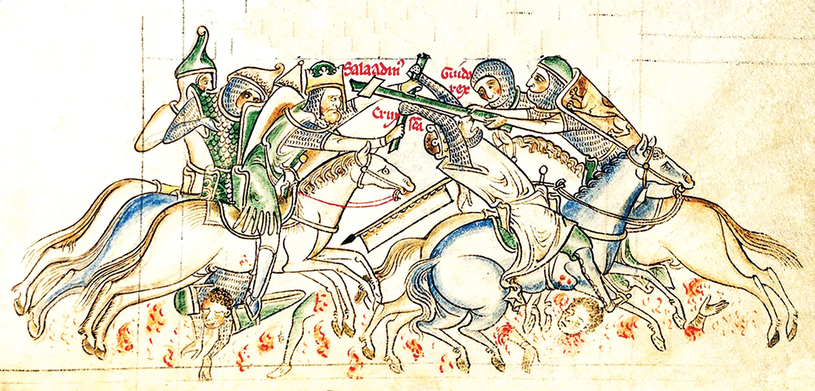 Enluminure médiévale : Saladin s'empare de la Vraie Croix des mains de Guy de Lusignan à la bataille de Hattin (1187).
