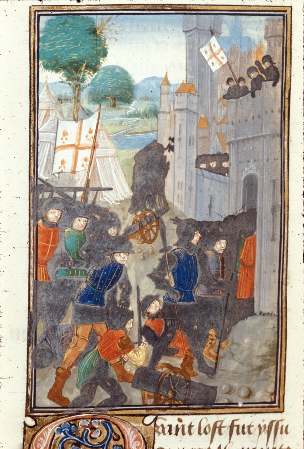Enluminure médiévale : l'armée de Saladin s'emparant d'une ville fortifiée du royaume, défenseurs massés sur les remparts.