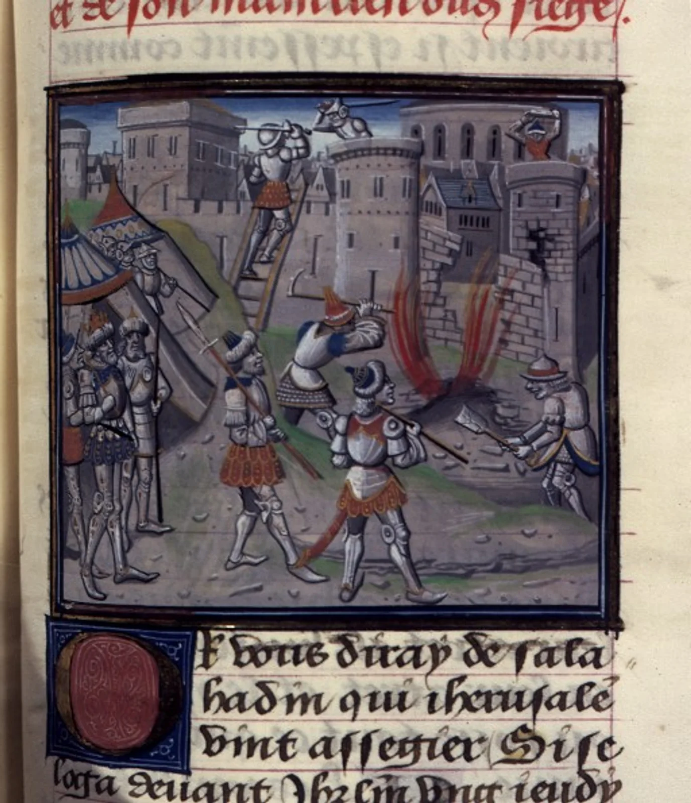 Enluminure médiévale montrant l’armée de Saladin assaillant les remparts de Jérusalem, échelles dressées contre les tours et défenseurs combattant sur les murailles, avec le camp de tentes au premier plan.