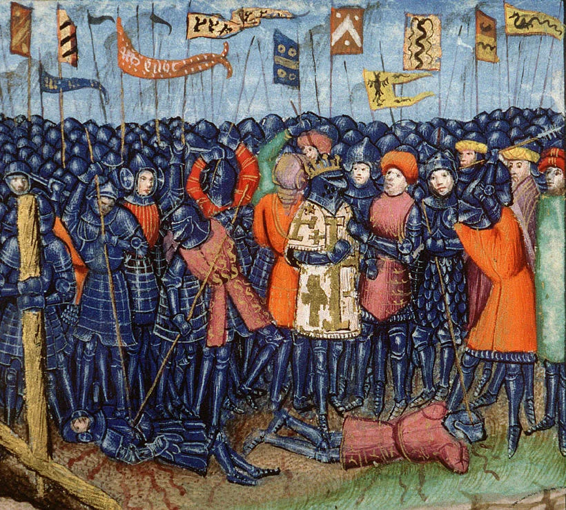 Enluminure médiévale figurant l’armée franque à la bataille de Hattin, serrée sous ses bannières autour d’un roi couronné et d’un chevalier au surcot blanc frappé des croix d’or de Jérusalem.