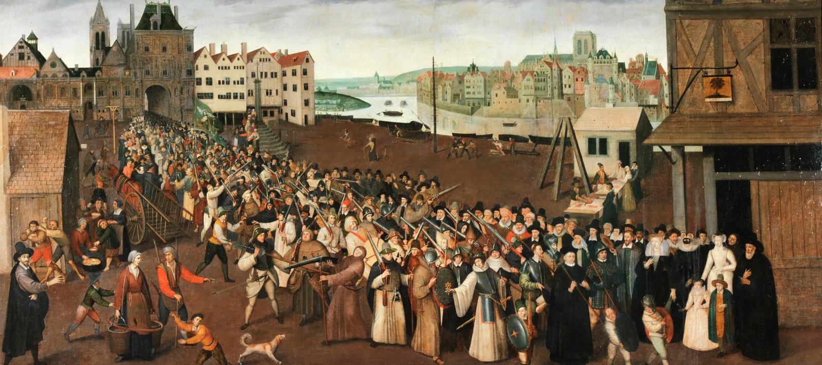 Procession armée de la Ligue catholique traversant Paris, moines et bourgeois en armes défilant en cortège devant les maisons de la place de Grève