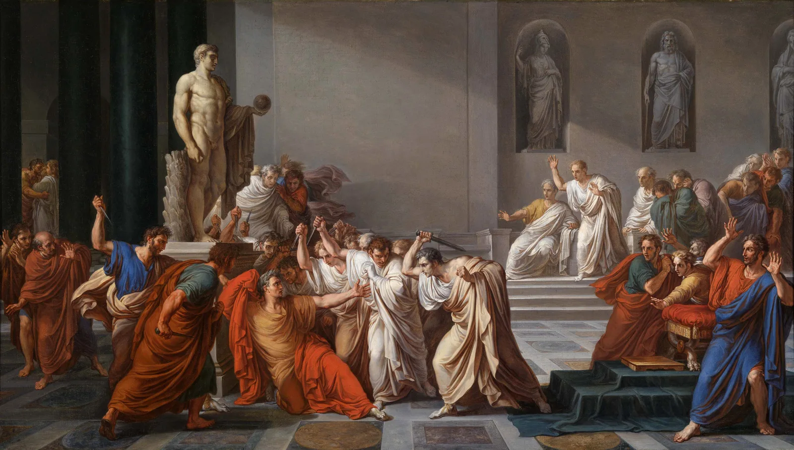 Jules César s’effondrant au pied de la statue de Pompée, entouré des sénateurs conjurés.
