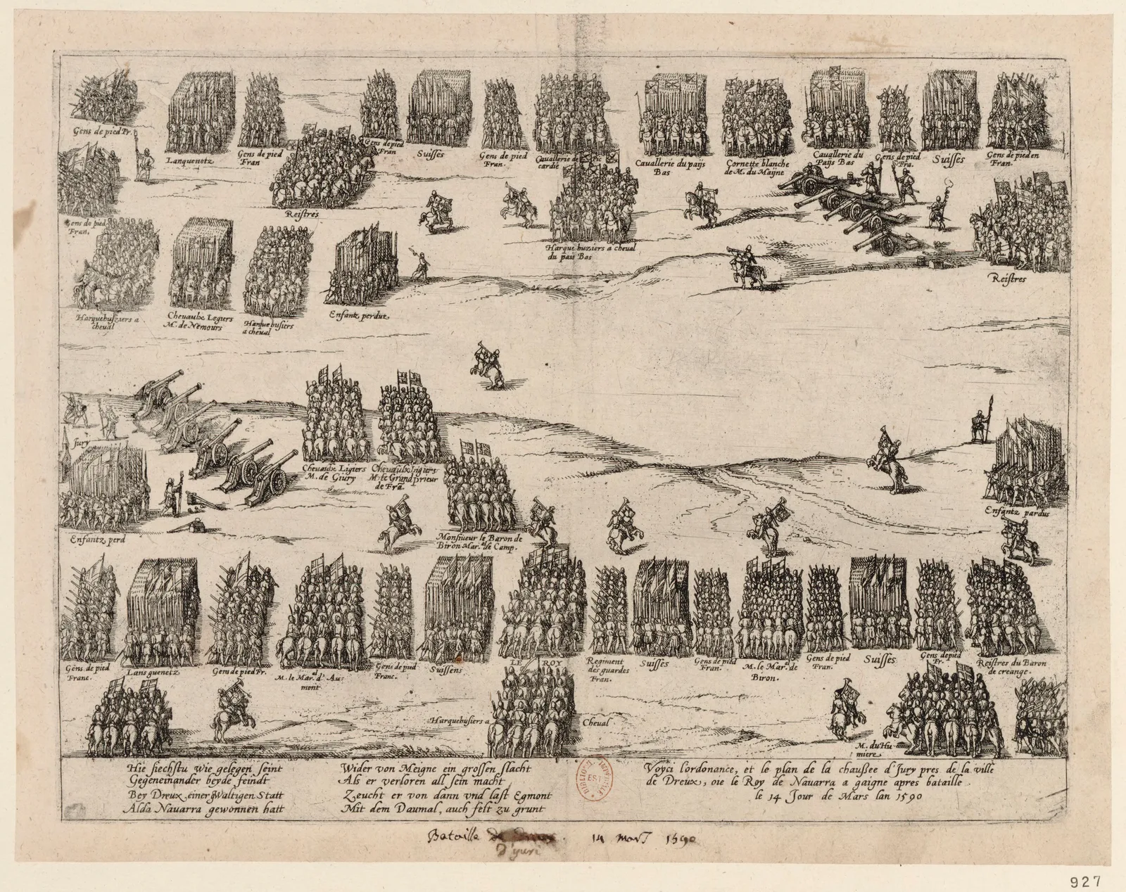 Estampe d'époque de la bataille d'Ivry, 14 mars 1590 : la charge de la cavalerie royale.