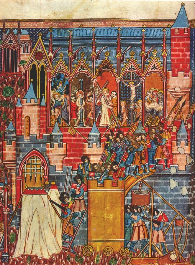Enluminure médiévale de l'assaut de Jérusalem en 1099 : les croisés franchissent le rempart depuis une tour de siège.