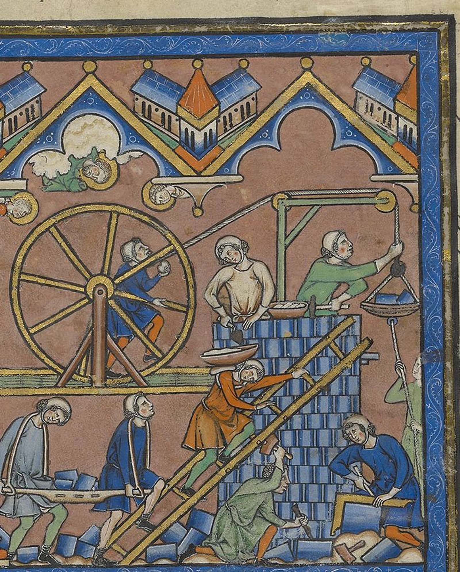 Enluminure médiévale : des ouvriers construisent une tour de pierre à l'aide d'une grue à roue, de maçons sur échelles et d'un charpentier taillant le bois