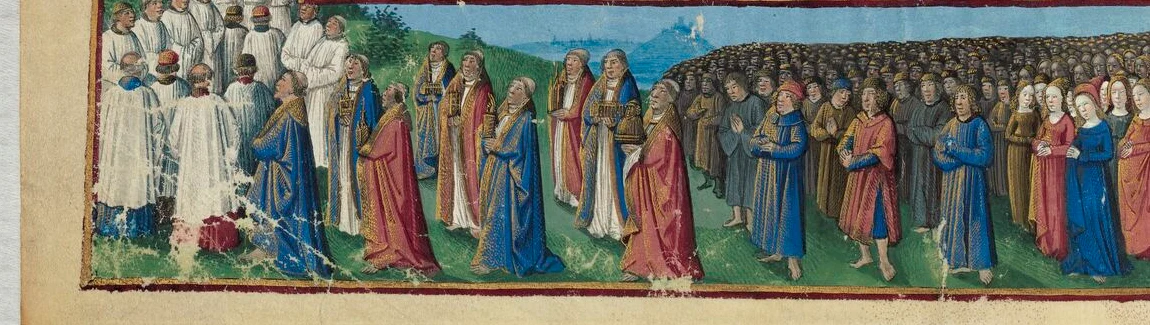 Enluminure médiévale : une procession de clercs et de pèlerins, certains pieds nus, mains jointes, devant une ville fortifiée sur sa hauteur