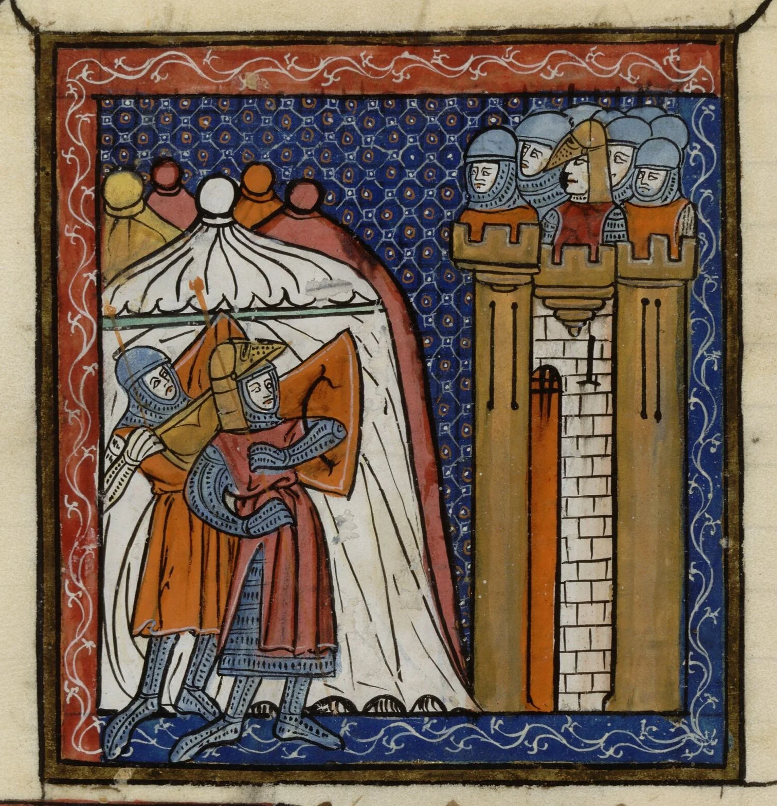 Enluminure médiévale montrant des chevaliers francs devant une tente de campement, face aux tours fortifiées de Jérusalem où se tiennent des défenseurs