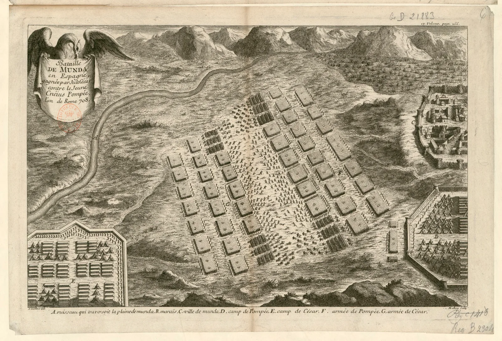 Plan gravé de la bataille de Munda (45 av. J.-C.) : les deux armées, celle de César et celle du jeune Cnaeus Pompée, déployées en carrés face à face au centre de la plaine, ruisseau, camps retranchés et ville de Munda en arrière-plan