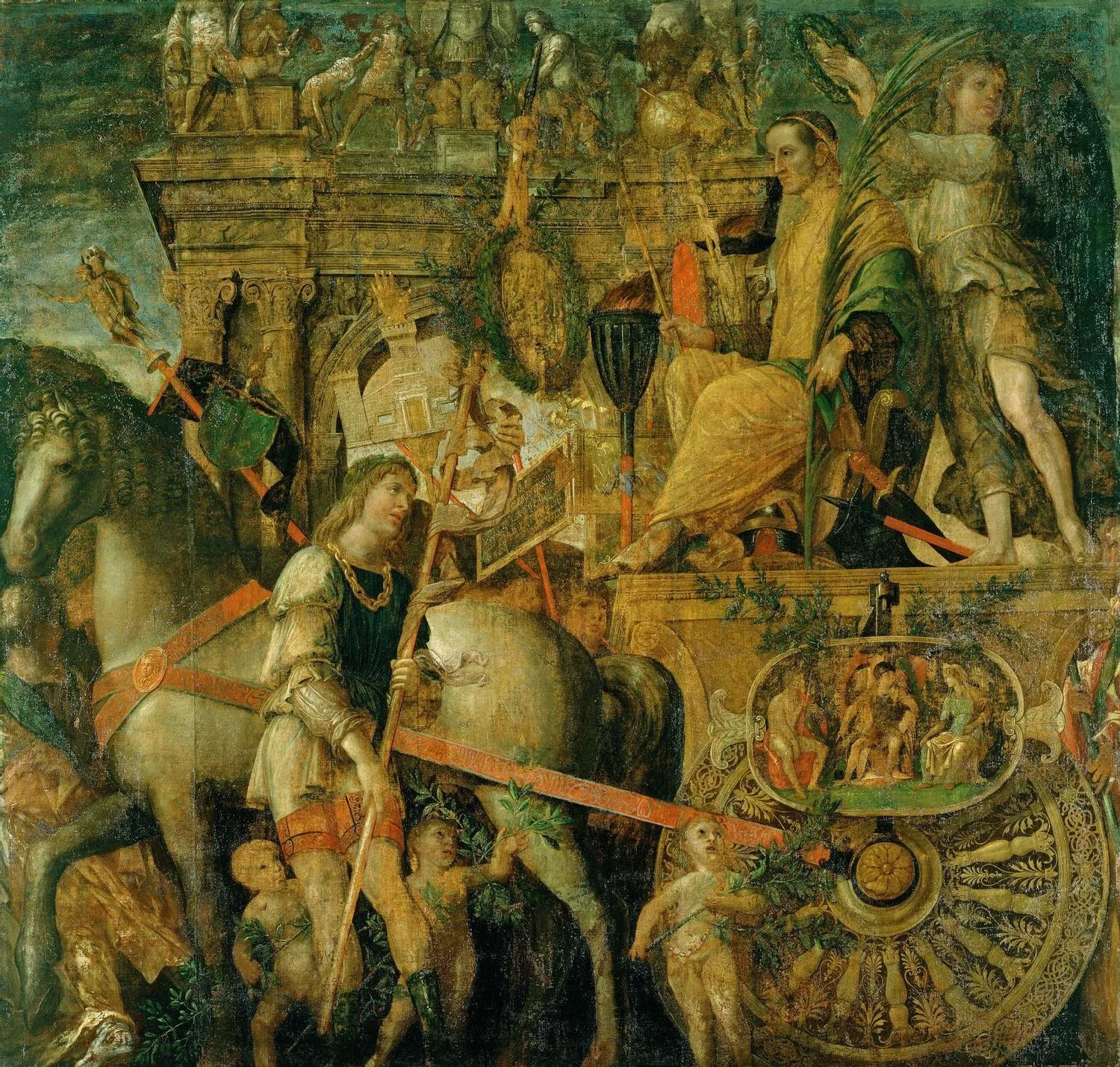 Jules César couronné de laurier, debout sur son char triomphal doré tiré par des chevaux blancs, entouré de porte-étendards et de musiciens, dans le cortège d’un triomphe romain