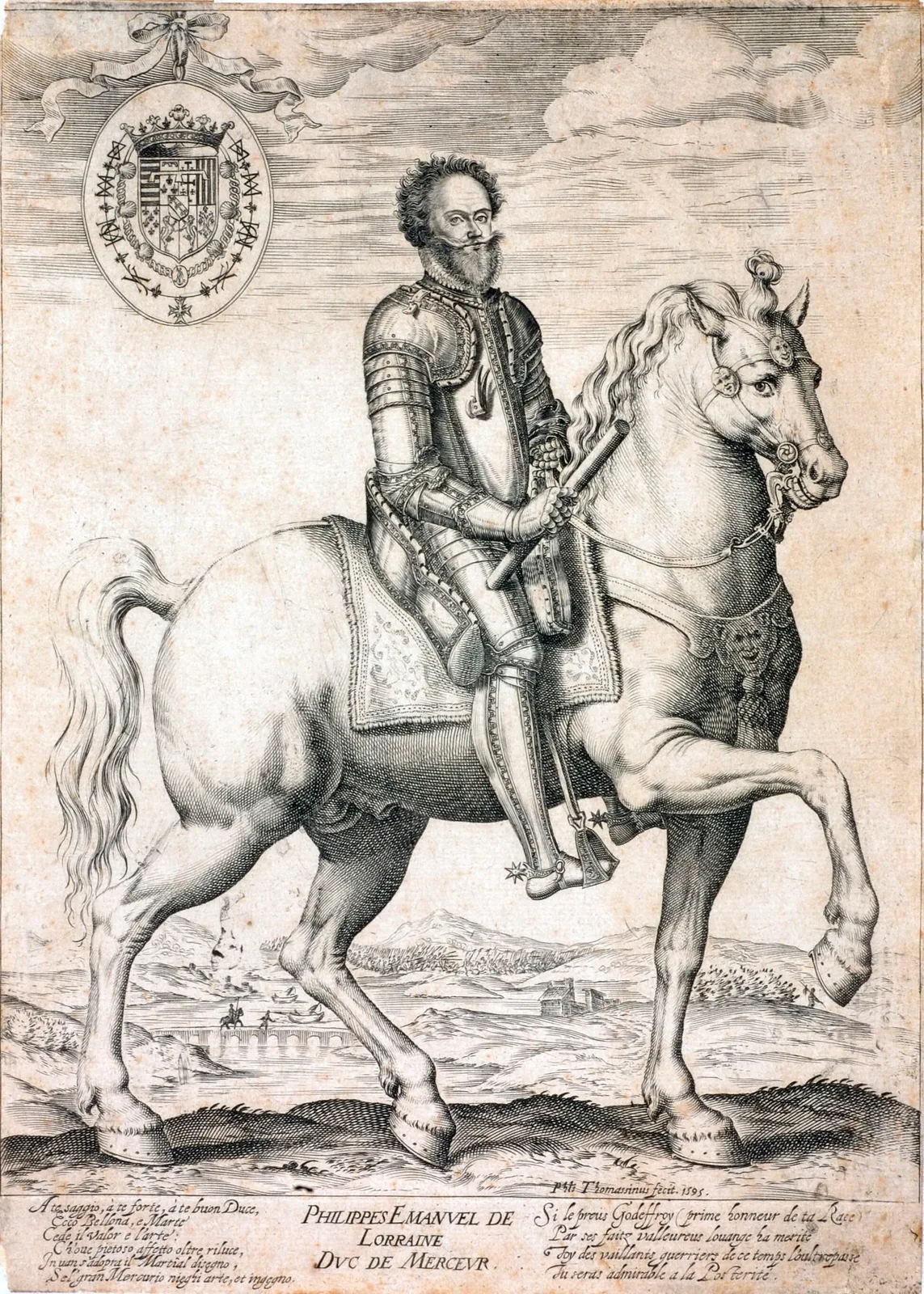 Portrait équestre gravé de Philippe-Emmanuel de Lorraine, duc de Mercœur, en armure, avec ses armoiries