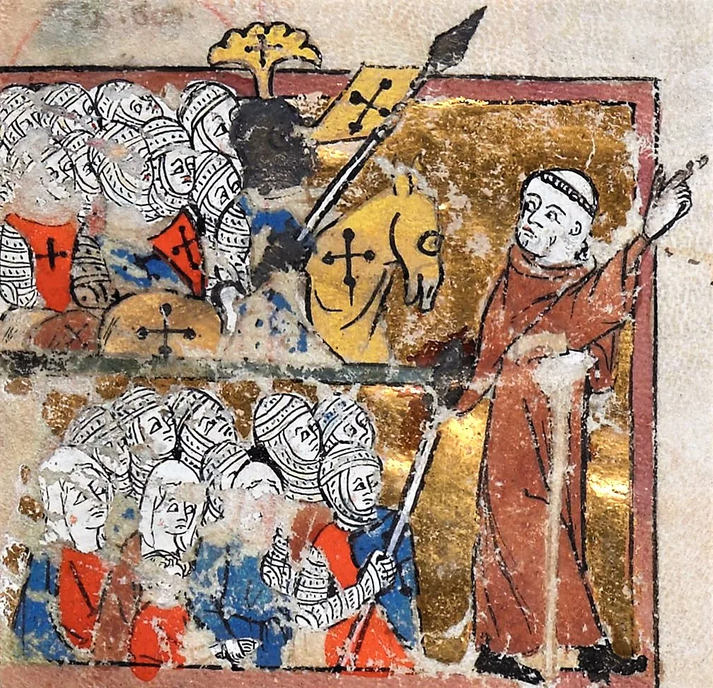Enluminure médiévale montrant Pierre l'Ermite, en robe rouge, menant une colonne de pèlerins et de croisés en armure marchant vers l'est, sur fond d'or, dans un manuscrit du XIVe siècle.