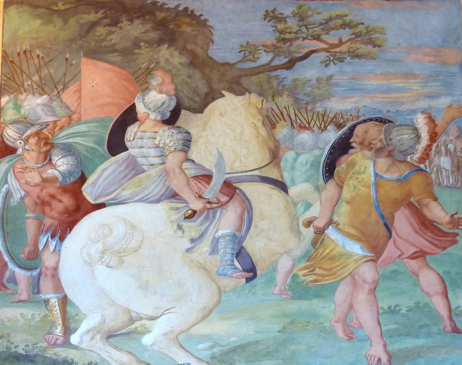 Fresque représentant la bataille de Pharsale : un général romain à cheval charge, sabre au poing, au milieu de soldats en armes.