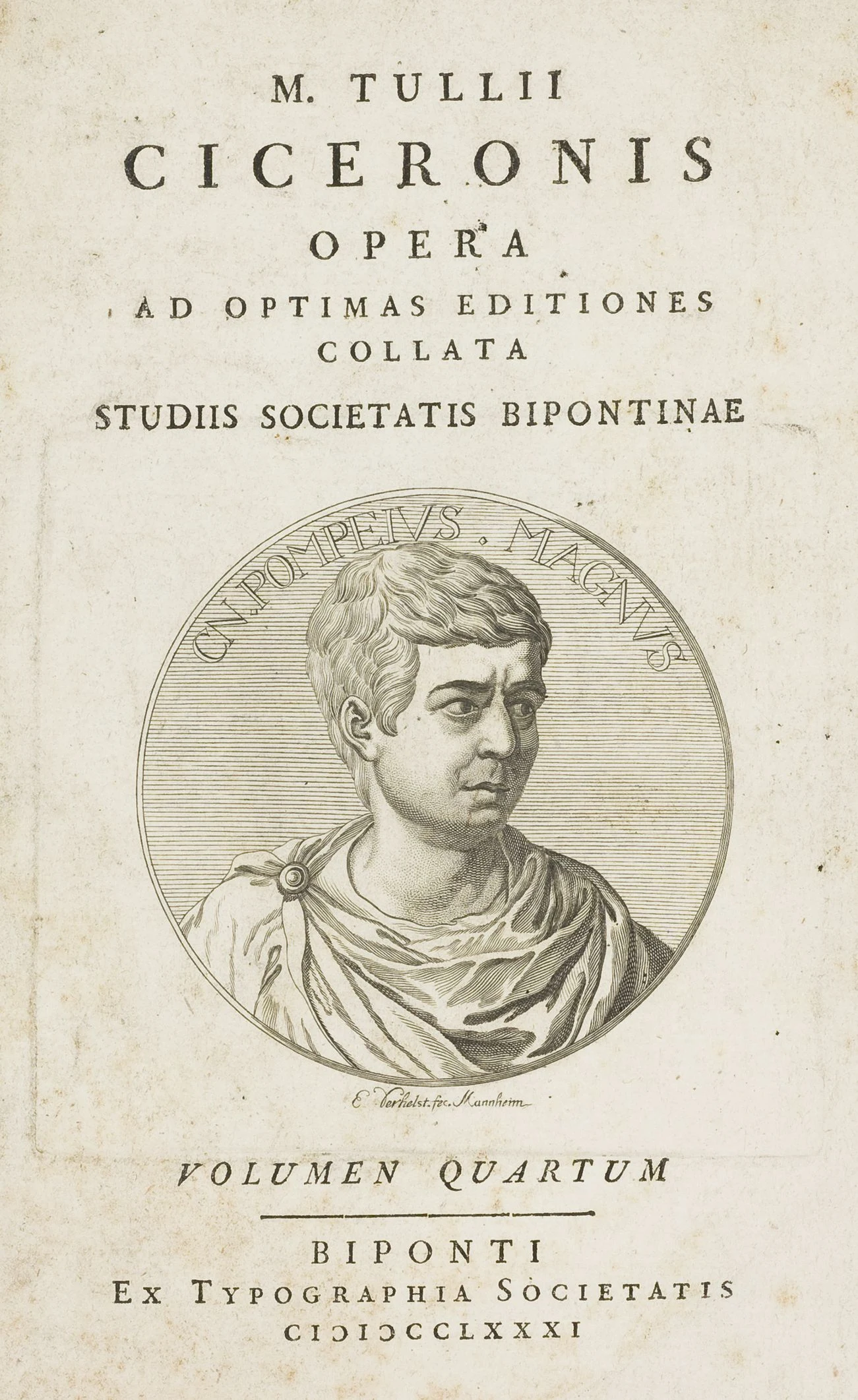 Médaillon gravé représentant Cnaeus Pompeius Magnus, légendé « CN. POMPEIVS. MAGNVS », en frontispice d’une édition des œuvres de Cicéron.