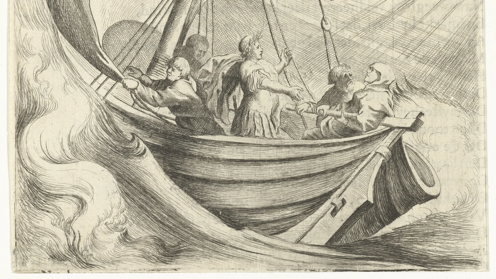 Gravure d’époque : César, debout dans une barque secouée par la tempête, tend la main vers le nocher effrayé, lors de sa traversée nocturne de l’Adriatique pendant le blocus de Dyrrachium.