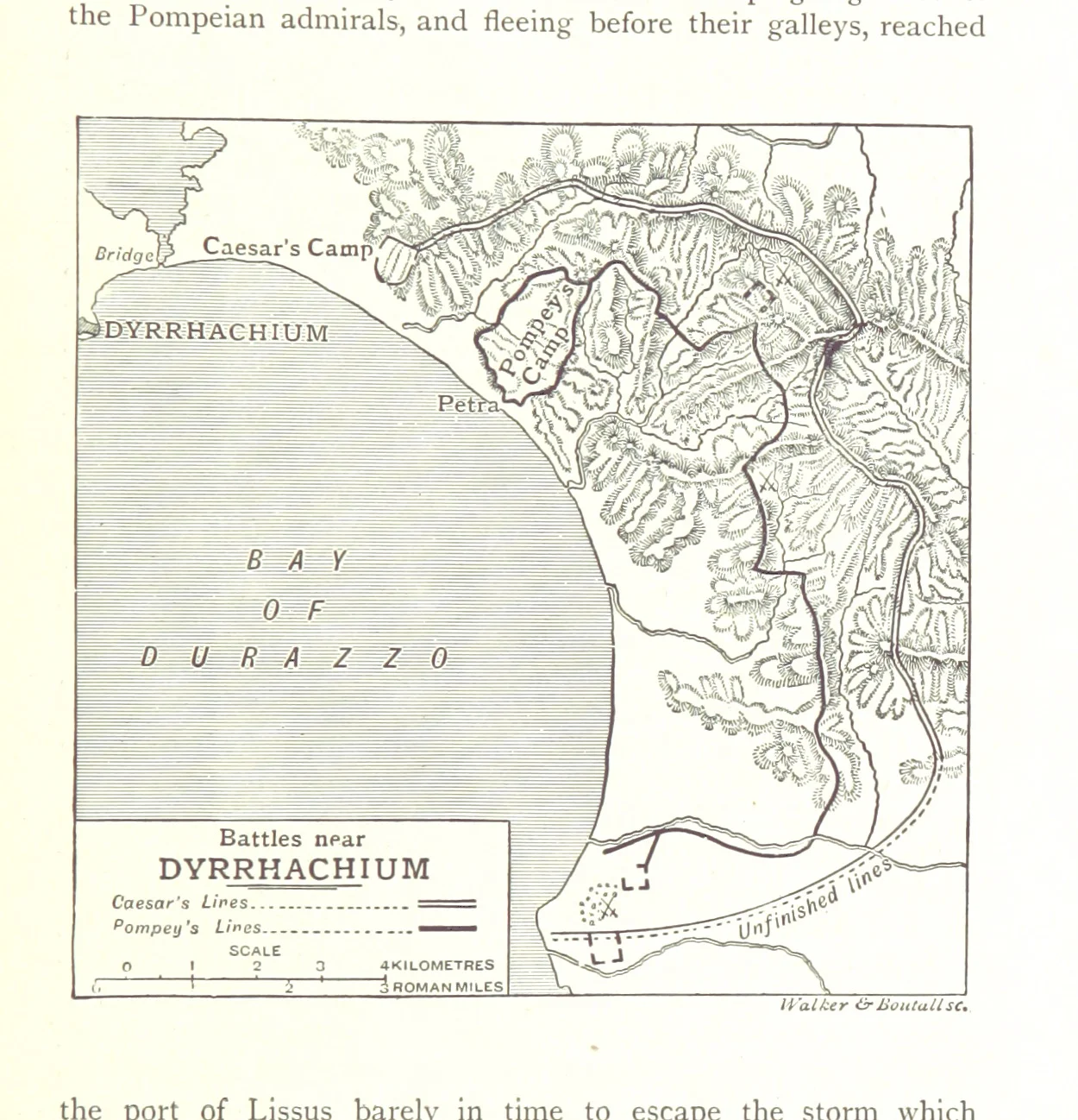 Carte gravée montrant les lignes de retranchement de César et de Pompée près de Dyrrachium, camps romains, baie de Durazzo.
