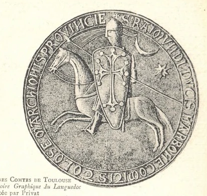 Sceau équestre de Raymond IV de Saint-Gilles, comte de Toulouse et marquis de Provence, armé et casqué sur son cheval, bouclier à la croix, glaive levé.
