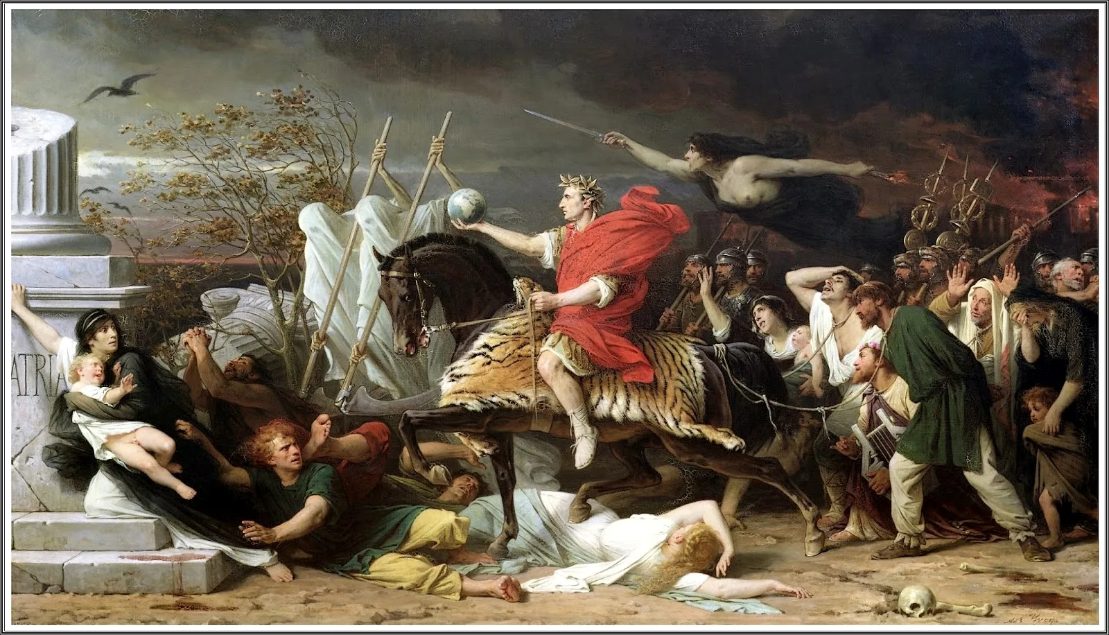 Jules César à cheval franchit un cours d’eau, entouré de ses légionnaires.