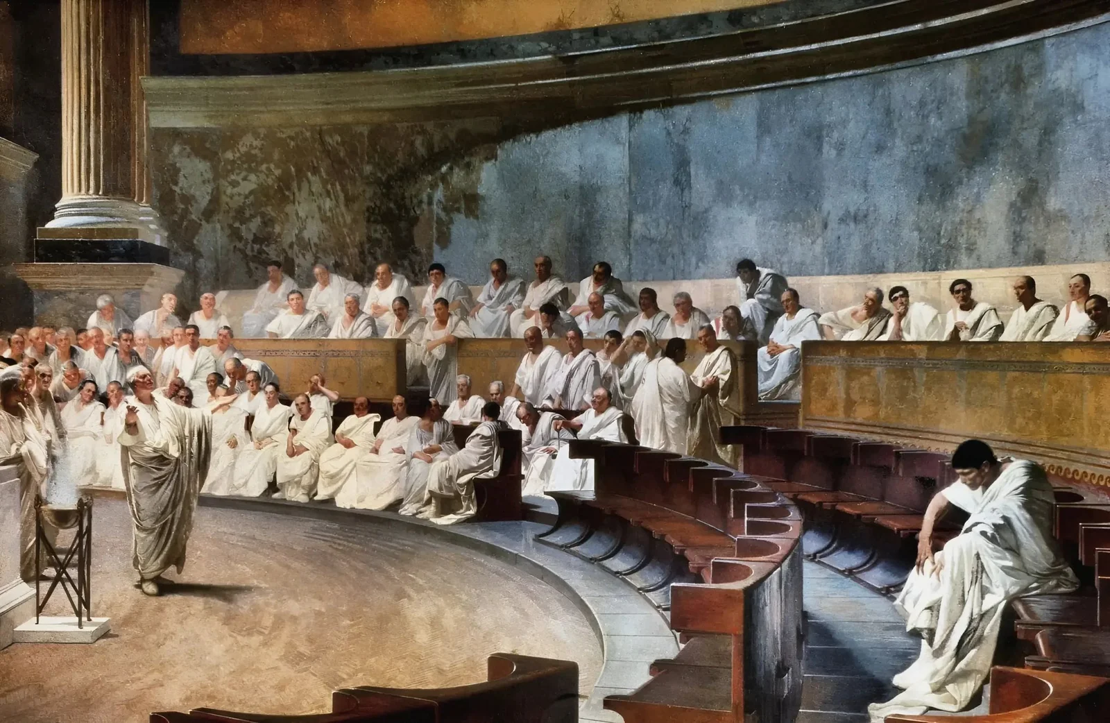 Fresque représentant une séance houleuse du Sénat romain : un orateur debout s’adresse à l’assemblée des sénateurs en toge, un homme isolé à l’écart des autres.