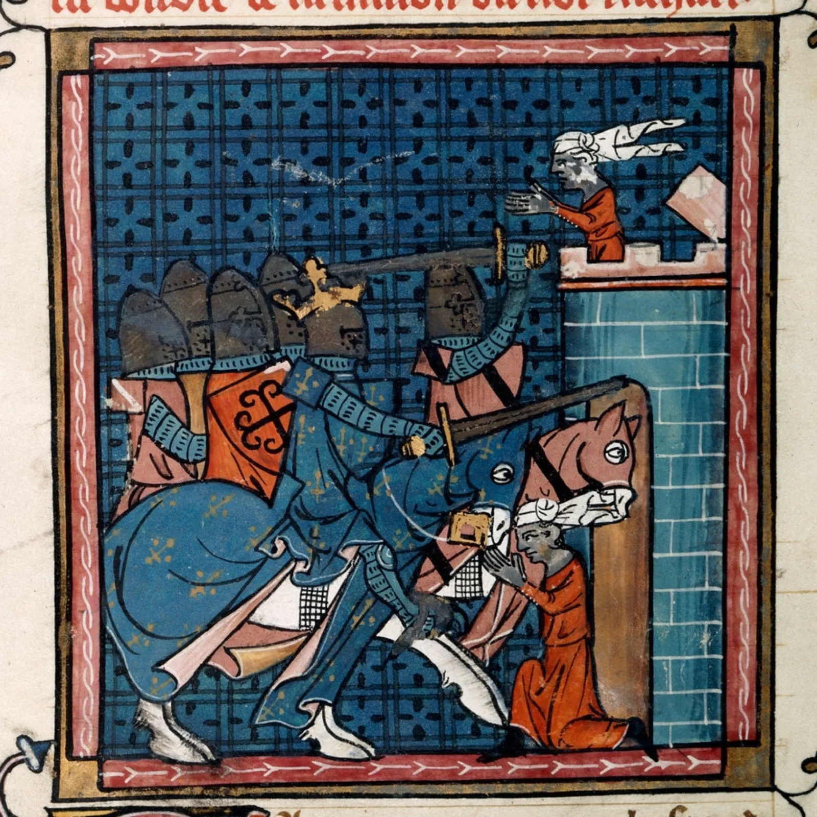 Enluminure médiévale montrant la prise de Saint-Jean-d'Acre par les croisés en juillet 1191, avec l'ost de Richard Cœur de Lion devant les remparts de la ville.