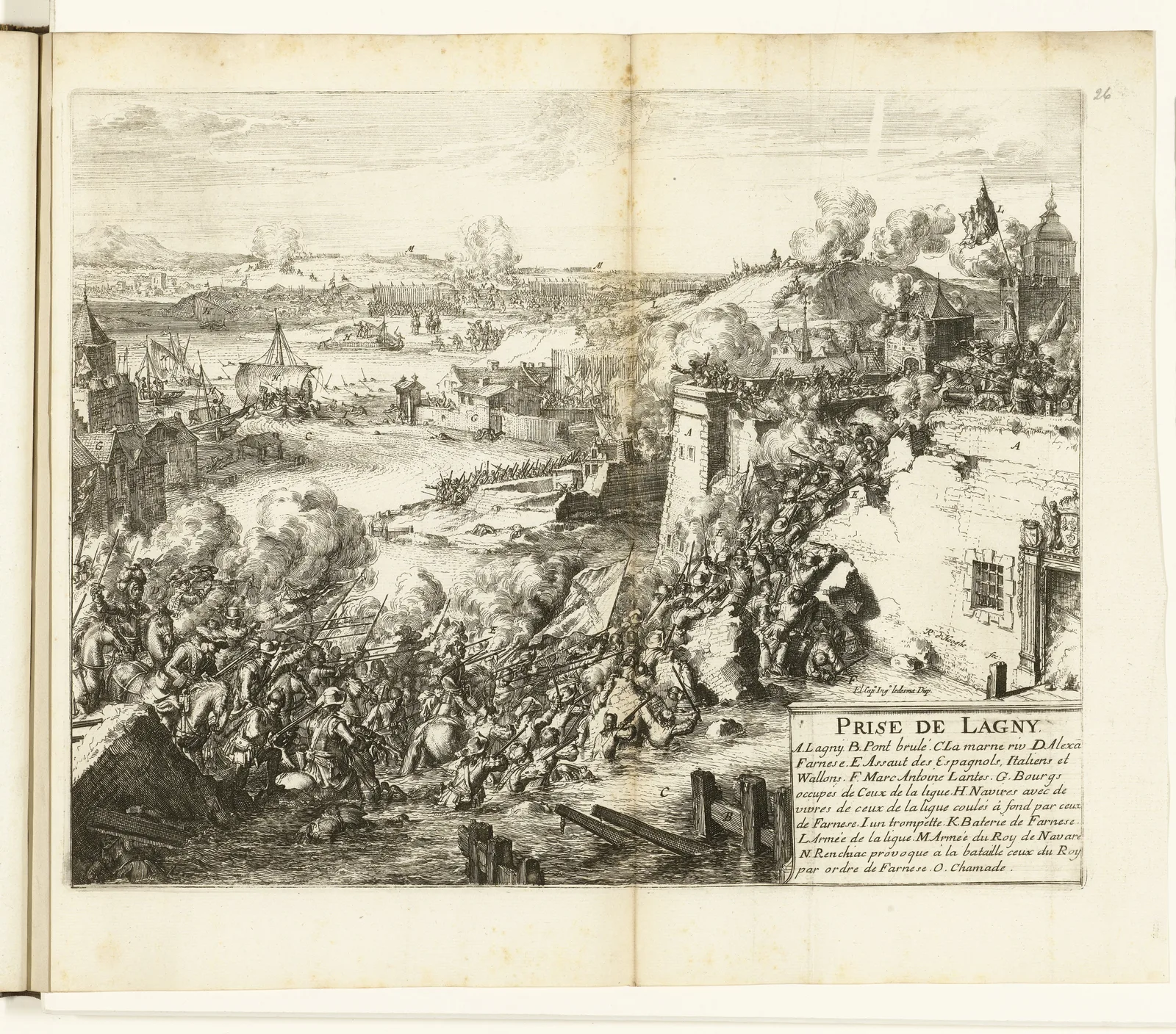 Gravure représentant la prise de Lagny en 1589-1590 : des soldats traversent l'eau pour donner l'assaut à une brèche dans les remparts de la ville.