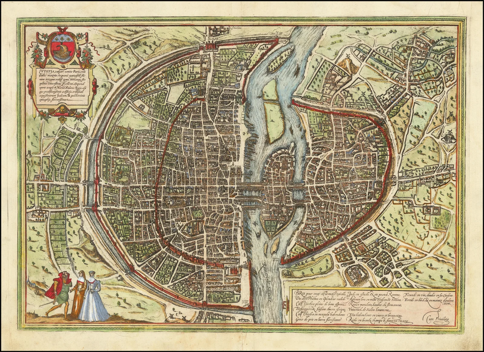 Plan-vue cavalière de Paris à la fin du XVIe siècle, montrant l'enceinte fortifiée, la Seine avec ses îles et ses ponts, et le réseau serré des rues intra-muros.