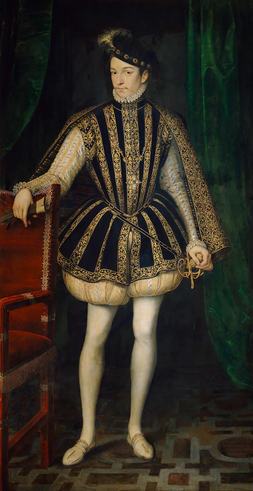 Portrait en pied de Charles IX, roi de France, en costume de cour brodé d’or, tenant son épée