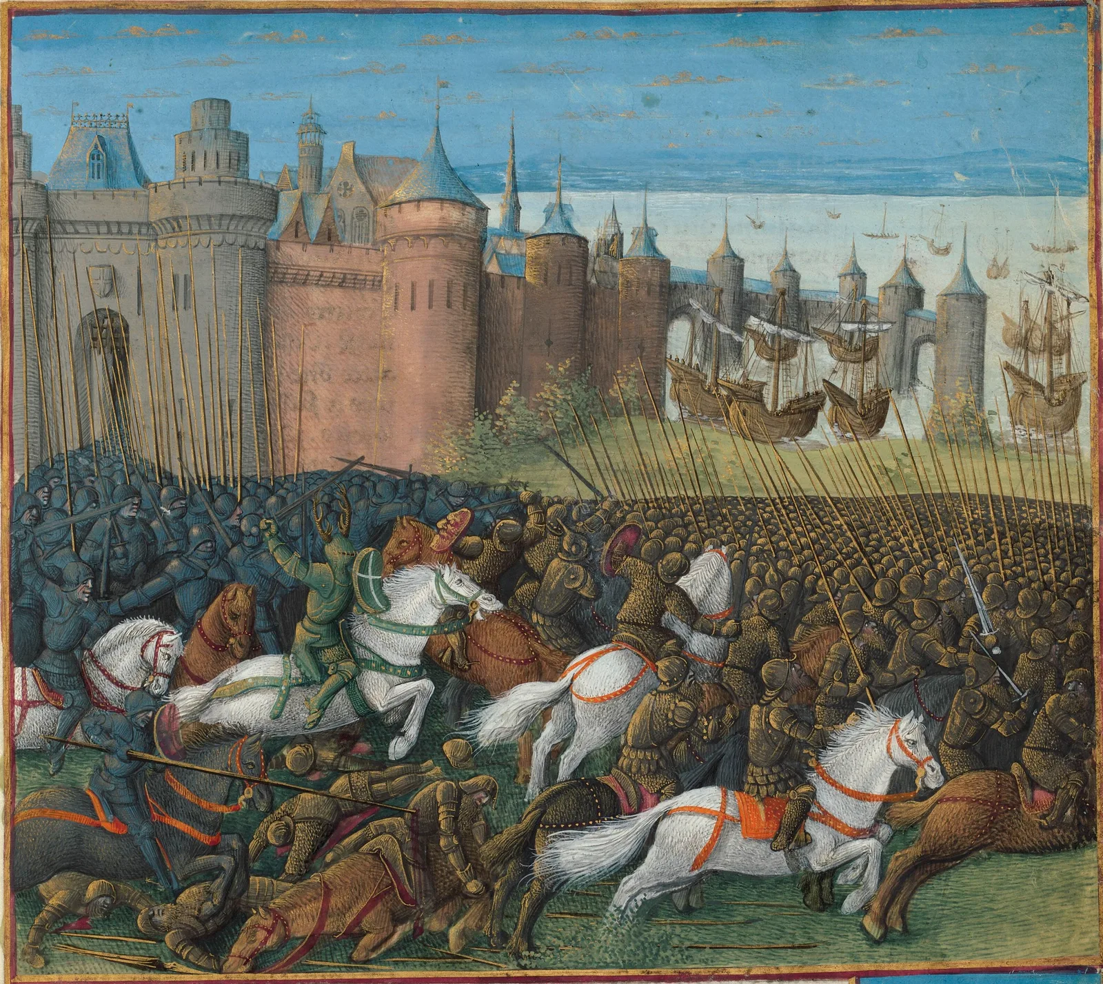 Enluminure médiévale montrant la ville fortifiée de Tyr défendue par des chevaliers croisés à cheval, avec remparts, tours et navires dans le port en arrière-plan