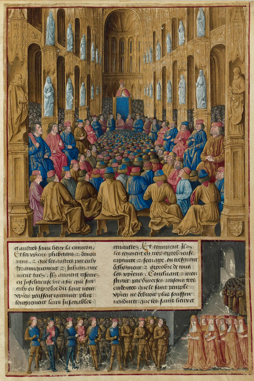 Le pape Urbain II prêchant devant une assemblée de clercs et de chevaliers, enluminure médiévale du concile de Clermont.