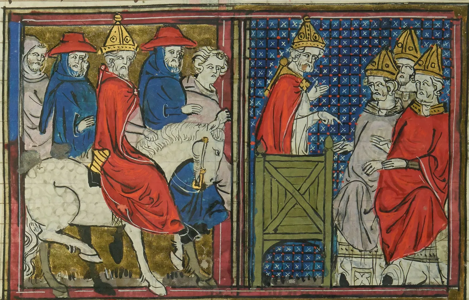 Enluminure médiévale en deux scènes : à gauche, le pape Urbain II et des évêques à cheval se rendant en France ; à droite, Urbain II sur un siège présidant une session du concile face à des évêques mitrés assis.