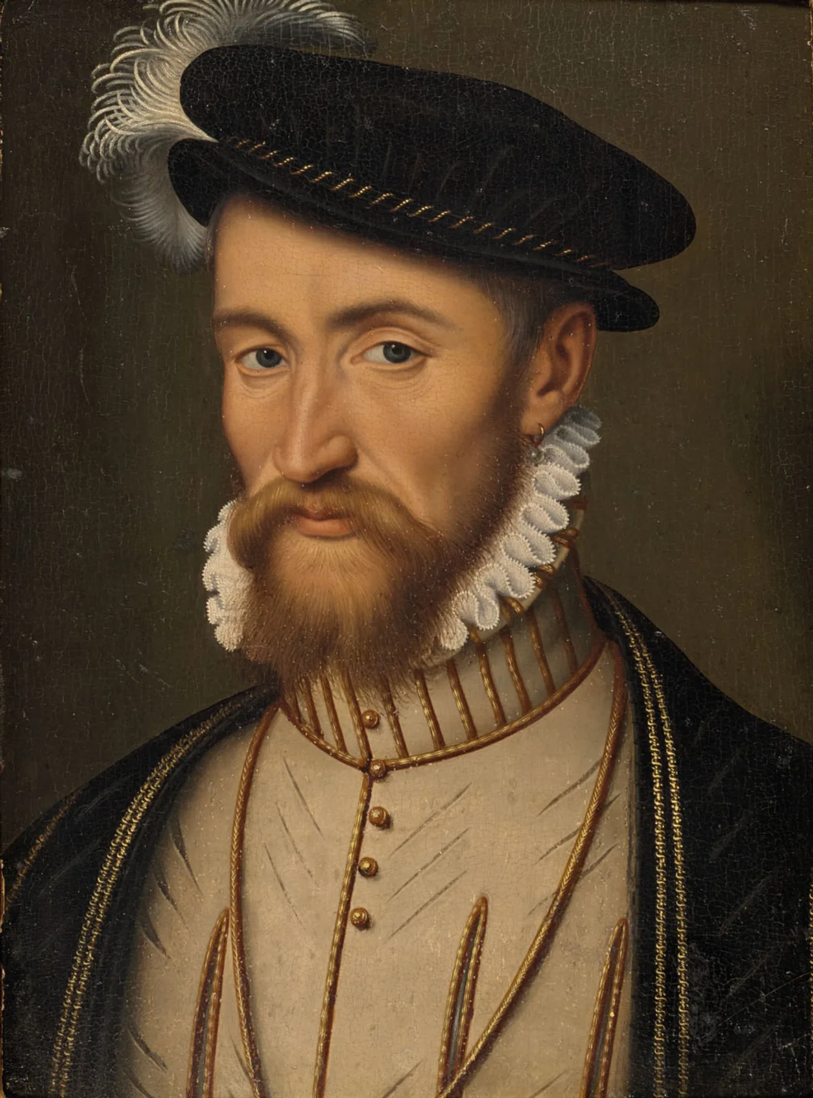 Portrait en buste de François de Lorraine, duc de Guise, coiffé d’une toque de velours noir ornée d’une plume blanche, barbe et moustache rousses, fraise blanche.