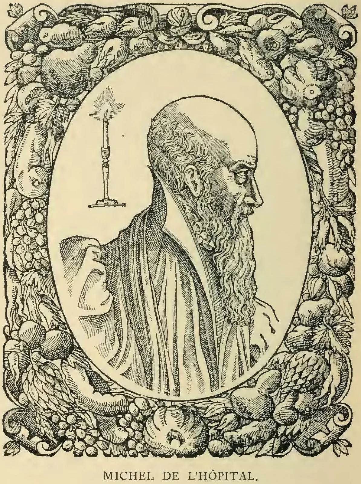 Portrait gravé en médaillon de Michel de L’Hospital, chancelier de France, en buste, de profil, barbe longue, dans un cadre orné de fruits et de guirlandes.