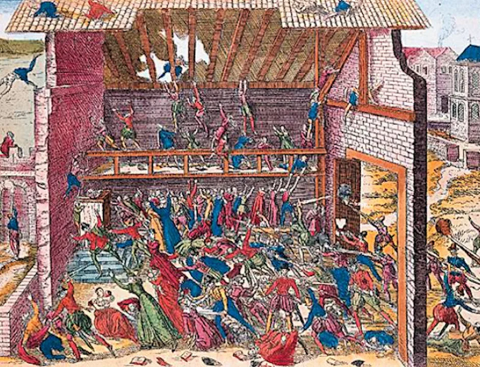 Gravure en coupe montrant le massacre de protestants dans une grange à Wassy, soldats armés attaquant des fidèles désarmés sous une charpente ouverte