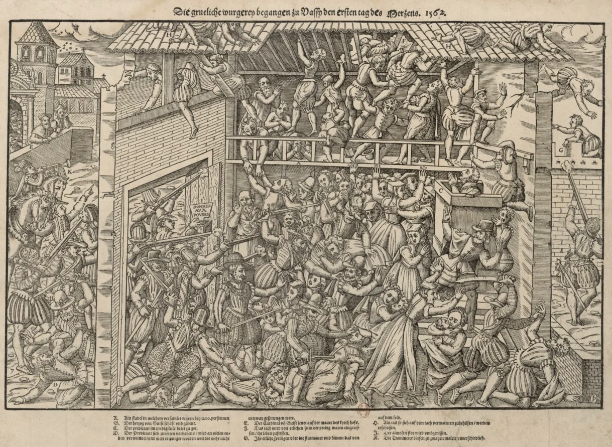 Estampe du massacre de Wassy : l'escorte en armes du duc de Guise investit la grange où prient les réformés, le 1er mars 1562.