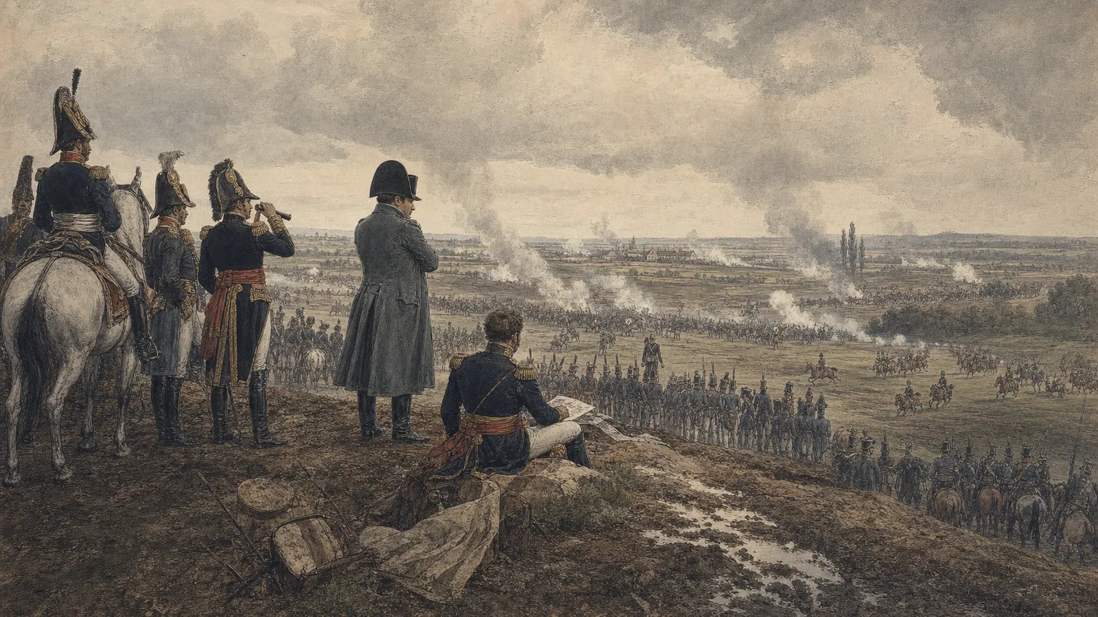 Napoléon et son état-major observant le champ de bataille de Waterloo.