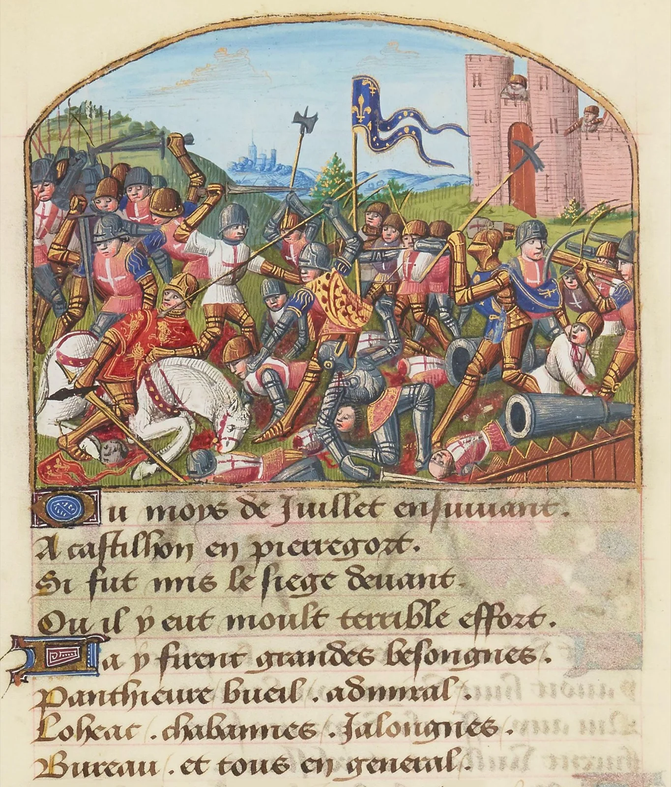 Enluminure de la bataille de Castillon (1453) — camp retranché français, canons et mêlée de cavalerie.