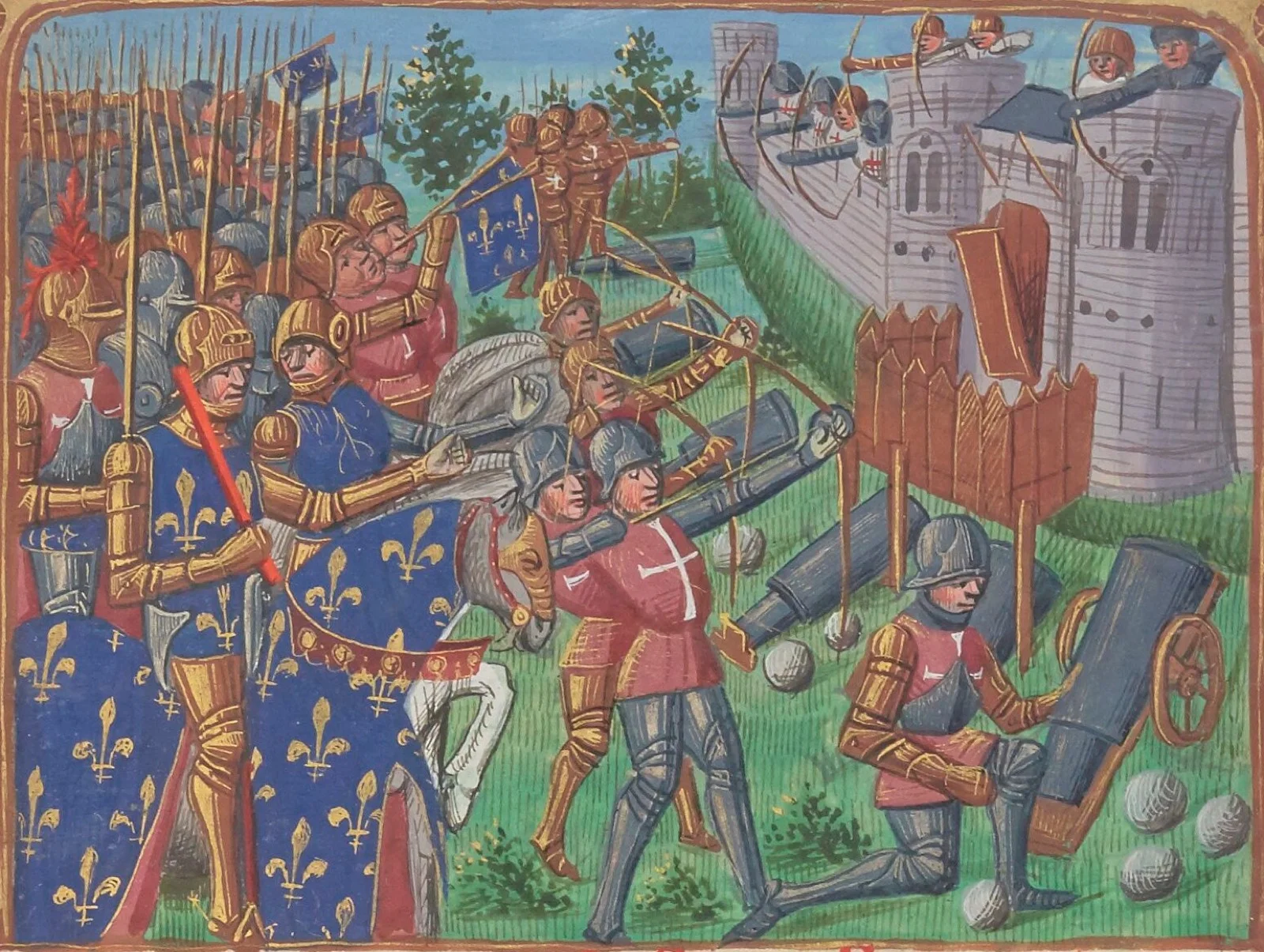 Enluminure médiévale d'un siège : à gauche, l'armée royale de France casquée, lances dressées et bannières fleurdelisées ; au centre et au premier plan, des canonniers servant des bombardes et empilant des boulets de pierre ; à droite, une place forte aux tours crénelées défendue depuis les remparts.