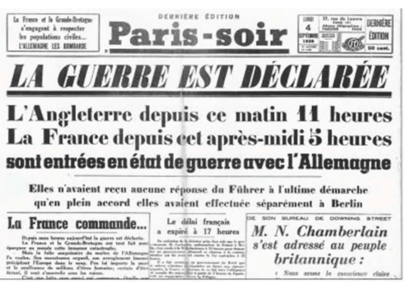 Une du quotidien « Paris-Soir » du 3 septembre 1939 annonçant que la France et l’Angleterre sont en guerre avec l’Allemagne.