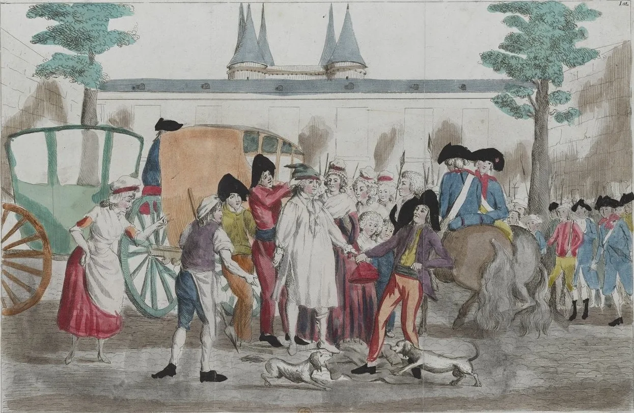 Estampe anonyme de 1792 montrant le cortège conduisant Louis XVI et sa famille au Temple, encadrés par la foule et la garde.