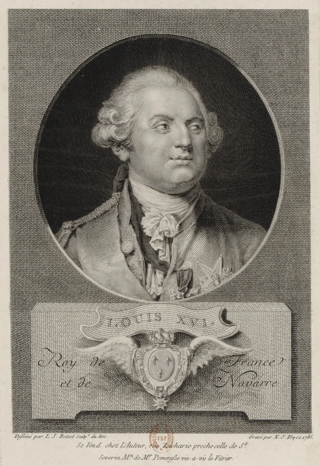 Portrait gravé de Louis XVI en buste, perruque poudrée et cordon de l’ordre du Saint-Esprit, dans un cadre ovale.