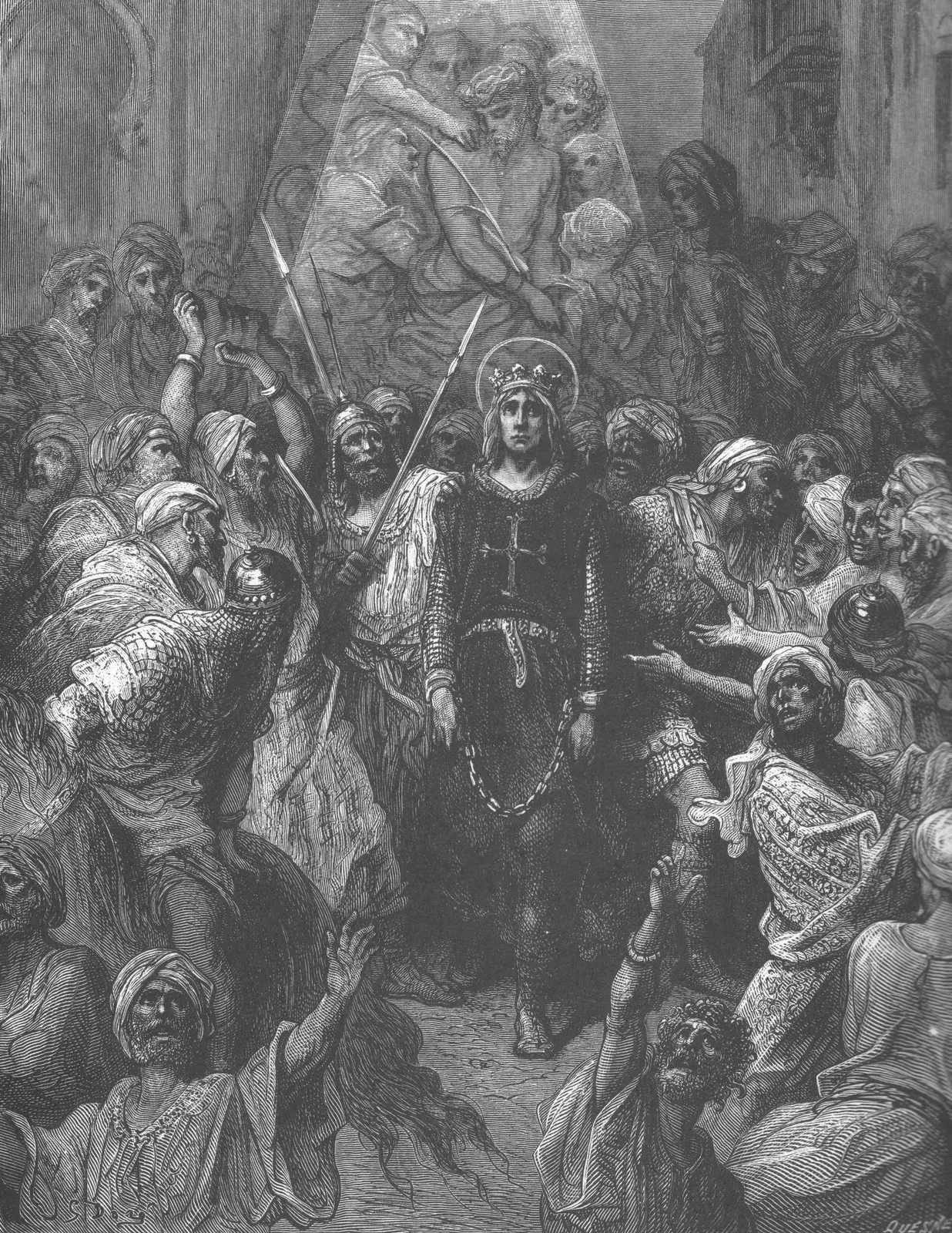 Gravure représentant le roi Louis IX de France entouré de guerriers sarrasins au moment de sa capture, jeté à bas de sa monture, la scène de la déroute de Fariskur en arrière-plan