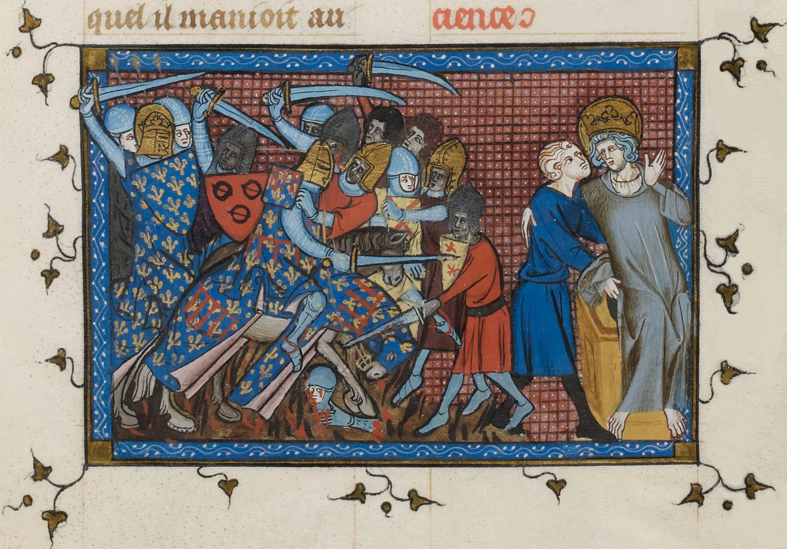 Enluminure médiévale représentant la bataille de La Mansourah : des chevaliers croisés en armure chargent dans les rues de la ville, affrontés à des cavaliers sarrasins.