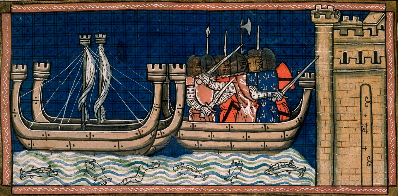 Enluminure médiévale : des croisés en armes, bannières dressées, abordent en barques sous les murs d'une tour fortifiée devant Damiette