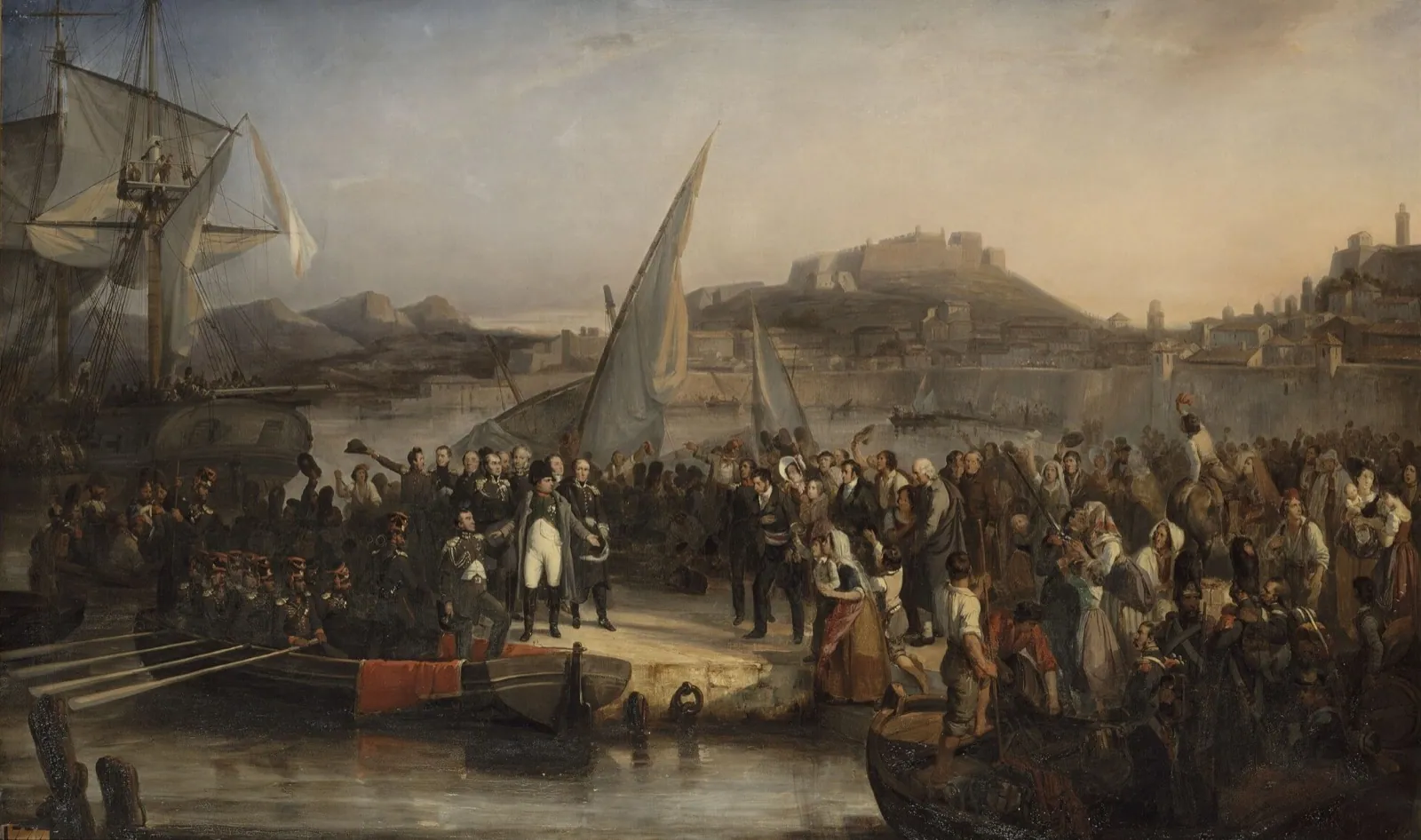 Napoléon quittant le port de Portoferraio sur l'île d'Elbe, entouré de ses troupes, le 26 février 1815