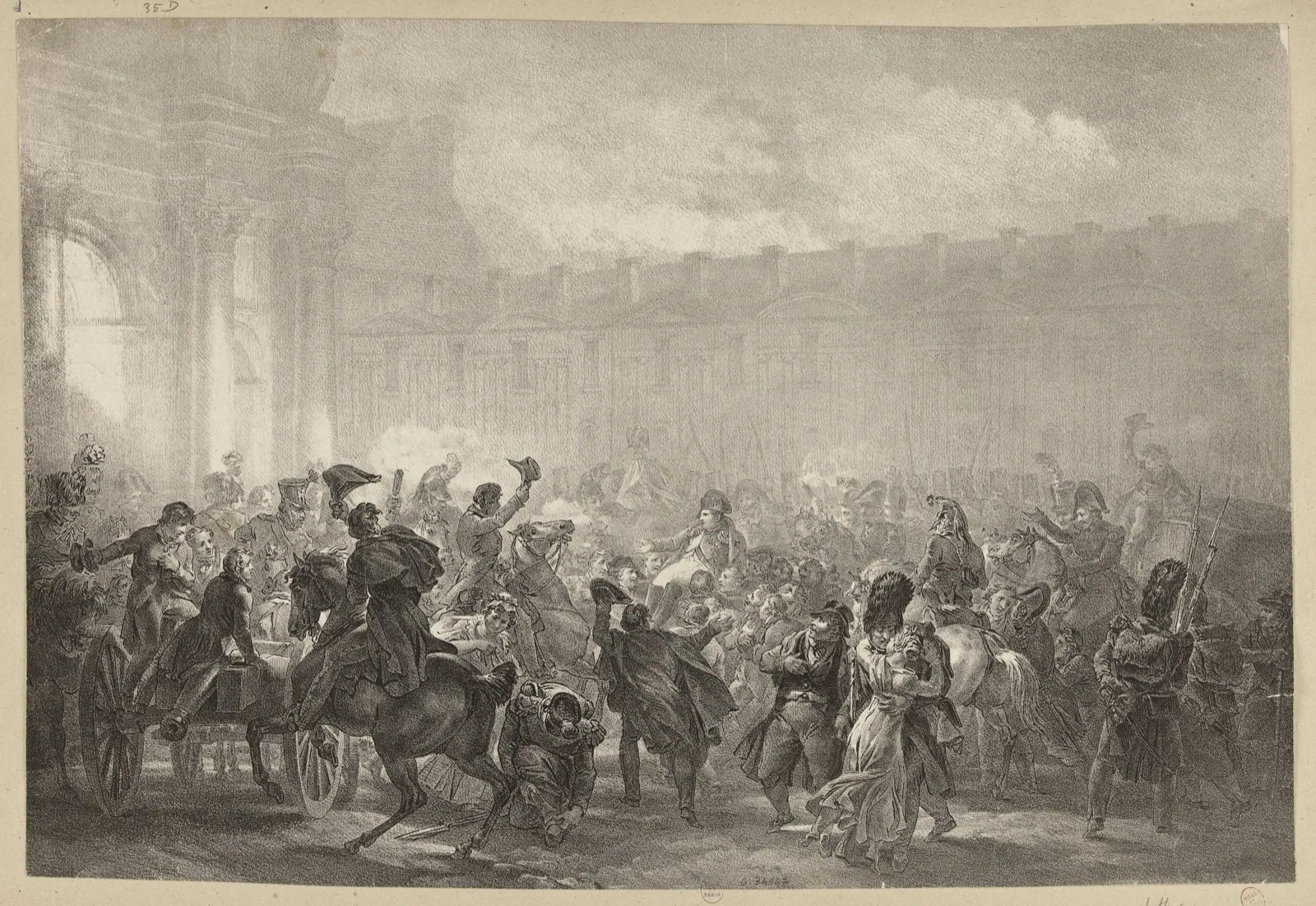 Napoléon porté en triomphe dans l'escalier des Tuileries lors de son retour le soir du 20 mars 1815.